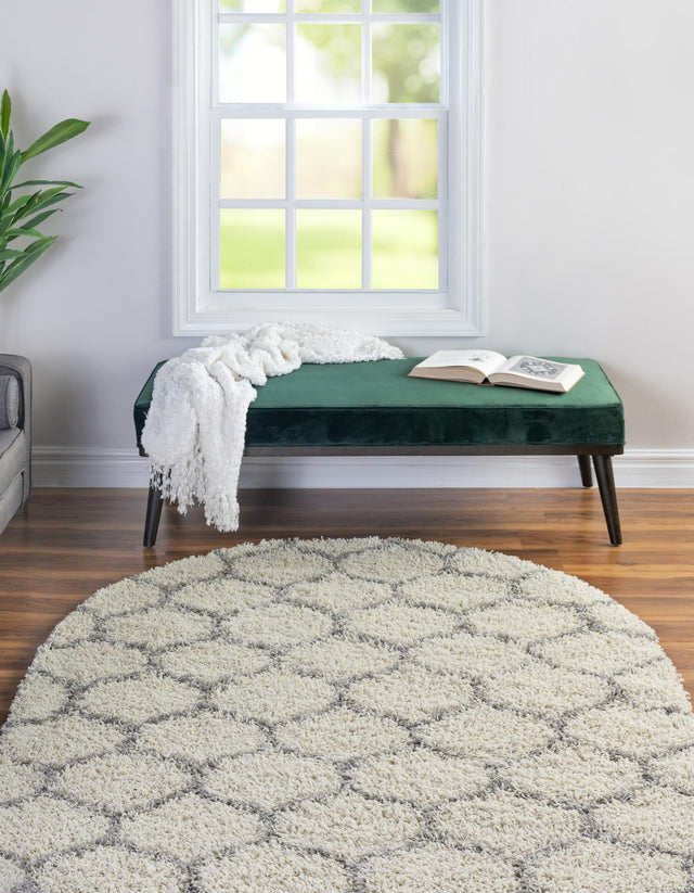 Ivory 7' 10 x 10' Trellis Shag Oval Area Rug Thick Soft Touch Fluffy & Plush Shaggy Pile Geometric Modern Unique Carpet for Home Interior Design for Sale at Rug Engine