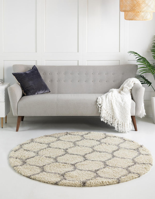 Ivory 6' x 6' Trellis Shag Round Area Rug Thick Soft Touch Fluffy & Plush Shaggy Pile