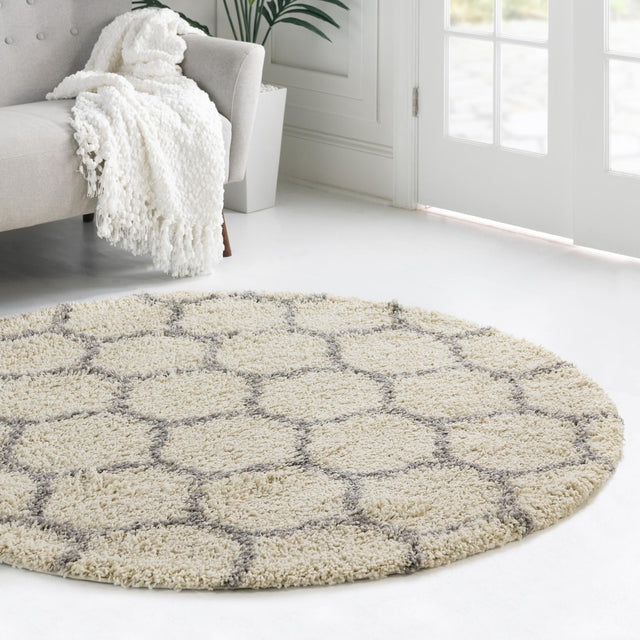 Ivory 6' x 6' Trellis Shag Round Area Rug Thick Soft Touch Fluffy & Plush Shaggy Pile