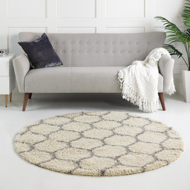 Ivory 6' x 6' Trellis Shag Round Area Rug Thick Soft Touch Fluffy & Plush Shaggy Pile