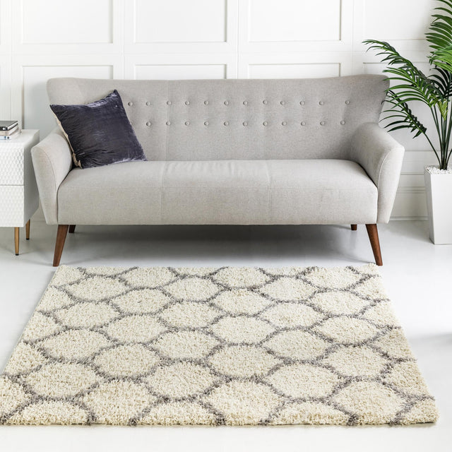 Ivory 7' 10 x 7' 10 Trellis Shag Square Area Rug Thick Soft Touch Fluffy & Plush Shaggy Pile Geometric Modern Unique Carpet for Home Interior Design for Sale at Rug Engine