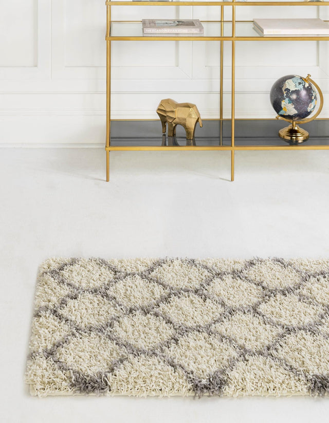 Ivory 2' x 6' Trellis Shag Runner Area Rug Thick Soft Touch Fluffy & Plush Shaggy Pile Geometric Modern Unique Carpet for Home Interior Design for Sale at Rug Engine