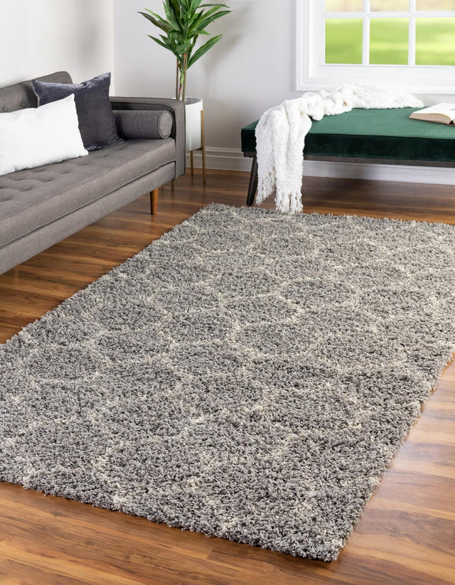Gray 5' 3 x 8' Trellis Shag Rectangle Area Rug Thick Soft Touch Fluffy & Plush Shaggy Pile Geometric Modern Unique Carpet for Home Interior Design for Sale at Rug Engine