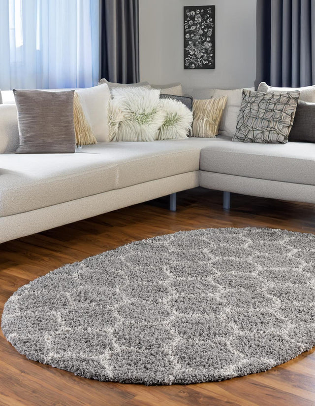 Gray 7' 10 x 10' Trellis Shag Oval Area Rug Thick Soft Touch Fluffy & Plush Shaggy Pile Geometric Modern Unique Carpet for Home Interior Design for Sale at Rug Engine