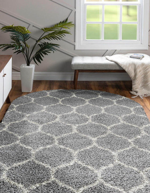 Gray 5' 3 x 8' Trellis Shag Oval Area Rug Thick Soft Touch Fluffy & Plush Shaggy Pile Geometric Modern Unique Carpet for Home Interior Design for Sale at Rug Engine