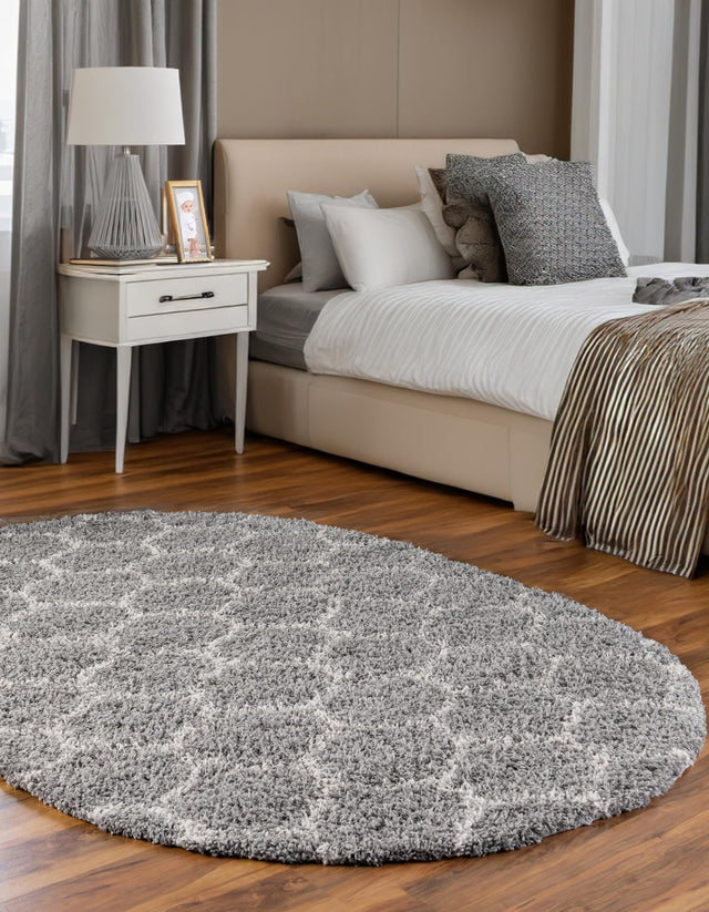 Gray 5' 3 x 8' Trellis Shag Oval Area Rug Thick Soft Touch Fluffy & Plush Shaggy Pile Geometric Modern Unique Carpet for Home Interior Design for Sale at Rug Engine