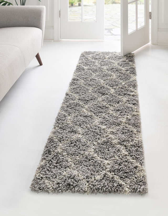 Gray 2' x 5' Trellis Shag Runner Area Rug Thick Soft Touch Fluffy & Plush Shaggy Pile Geometric Modern Unique Carpet for Home Interior Design for Sale at Rug Engine