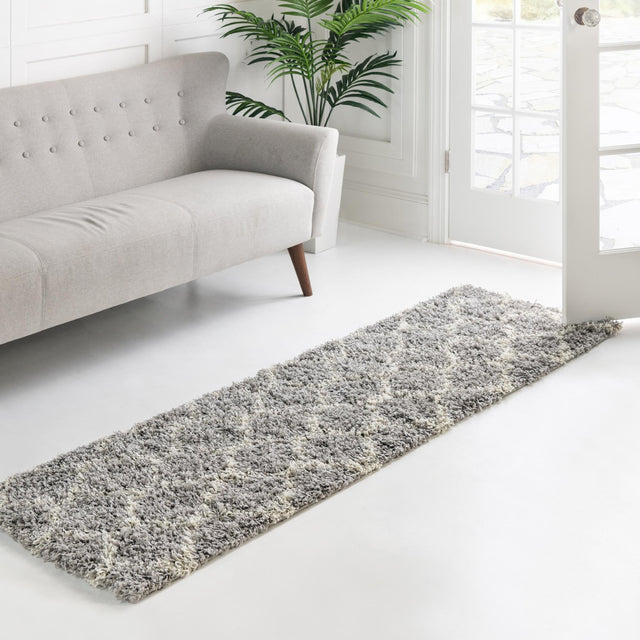 Gray 2' 7 x 10' Trellis Shag Runner Area Rug Thick Soft Touch Fluffy & Plush Shaggy Pile Geometric Modern Unique Carpet for Home Interior Design for Sale at Rug Engine