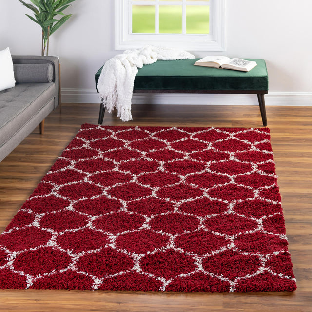 Burgundy Red 6' x 9' Trellis Shag Rectangle Area Rug Thick Soft Touch Fluffy & Plush Shaggy Pile Geometric Modern Unique Carpet for Home Interior Design for Sale at Rug Engine