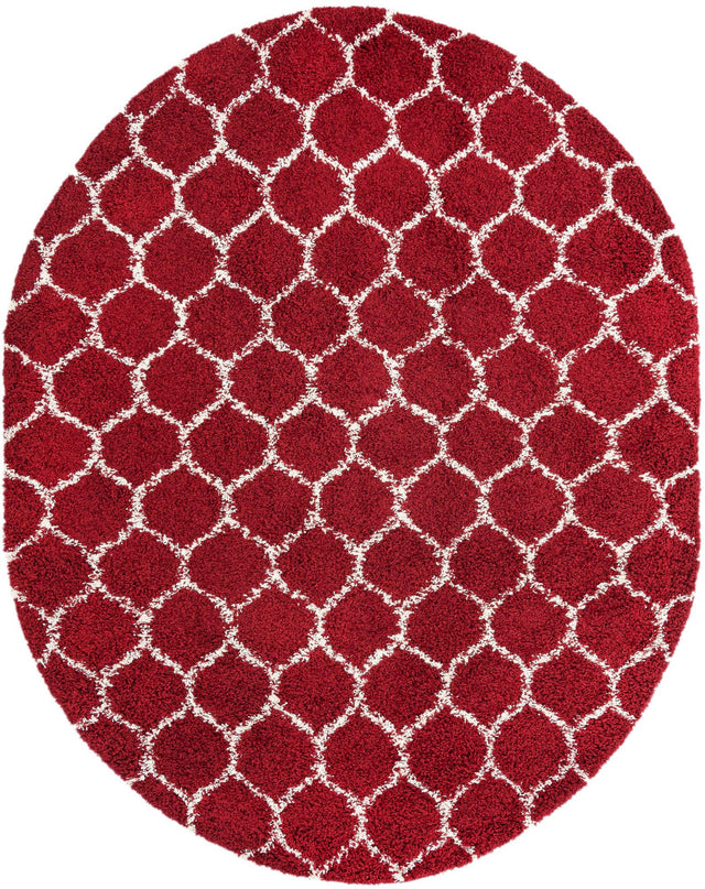 Burgundy Red 7' 10 x 10' Trellis Shag Oval Area Rug Thick Soft Touch Fluffy & Plush Shaggy Pile Geometric Modern Unique Carpet for Home Interior Design for Sale at Rug Engine