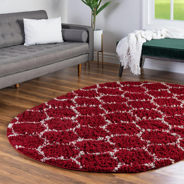 Burgundy Red 7' 10 x 10' Trellis Shag Oval Area Rug Thick Soft Touch Fluffy & Plush Shaggy Pile Geometric Modern Unique Carpet for Home Interior Design for Sale at Rug Engine