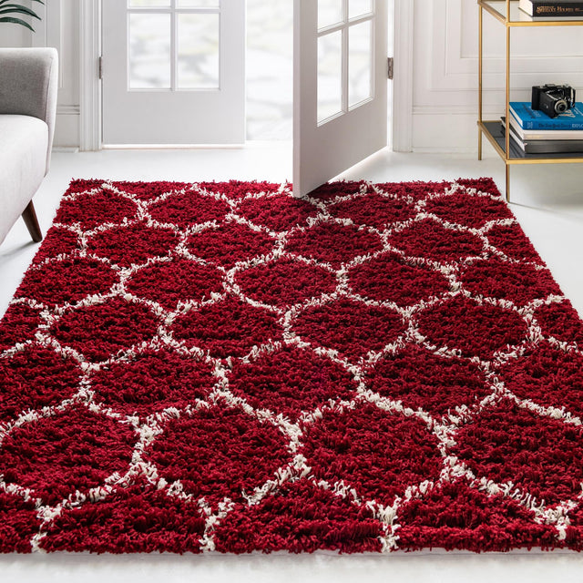 Burgundy Red 7' 10 x 7' 10 Trellis Shag Square Area Rug Thick Soft Touch Fluffy & Plush Shaggy Pile Geometric Modern Unique Carpet for Home Interior Design for Sale at Rug Engine