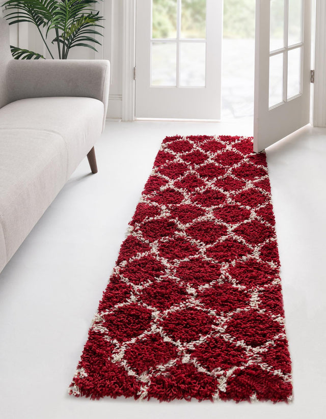 Burgundy Red 2' x 7' Trellis Shag Runner Area Rug Thick Soft Touch Fluffy & Plush Shaggy Pile Geometric Modern Unique Carpet for Home Interior Design for Sale at Rug Engine