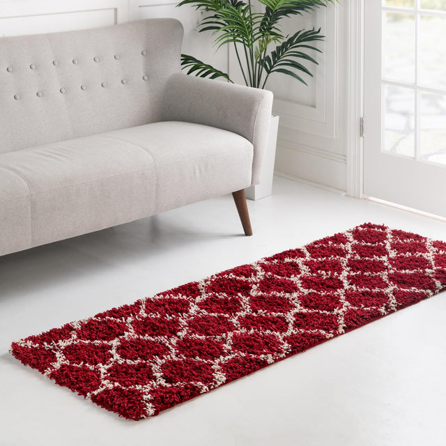 Burgundy Red 2' x 8' Trellis Shag Runner Area Rug Thick Soft Touch Fluffy & Plush Shaggy Pile Geometric Modern Unique Carpet for Home Interior Design for Sale at Rug Engine