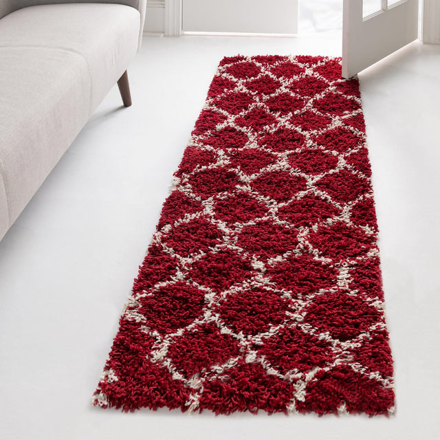 Burgundy Red 2' 7 x 12' Trellis Shag Runner Area Rug Thick Soft Touch Fluffy & Plush Shaggy Pile Geometric Modern Unique Carpet for Home Interior Design for Sale at Rug Engine