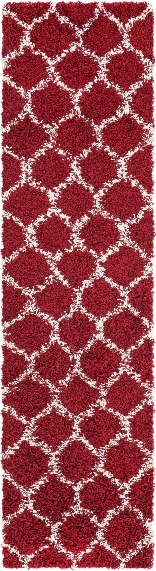 Burgundy Red 2' x 8' Trellis Shag Runner Area Rug Thick Soft Touch Fluffy & Plush Shaggy Pile Geometric Modern Unique Carpet for Home Interior Design for Sale at Rug Engine
