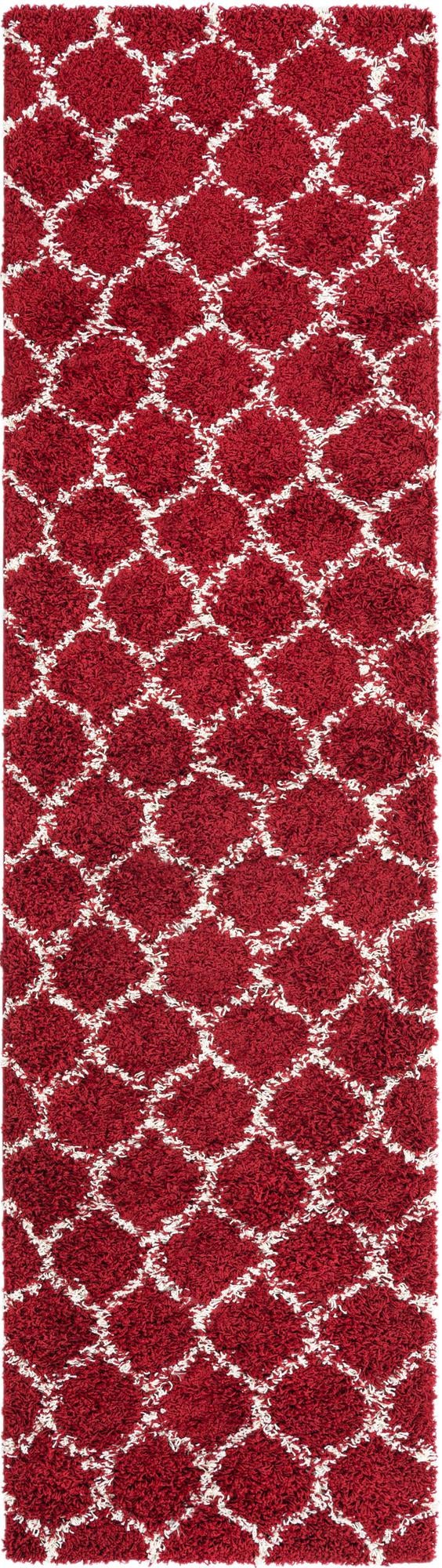 Burgundy Red 2' 7 x 10' Trellis Shag Runner Area Rug Thick Soft Touch Fluffy & Plush Shaggy Pile Geometric Modern Unique Carpet for Home Interior Design for Sale at Rug Engine