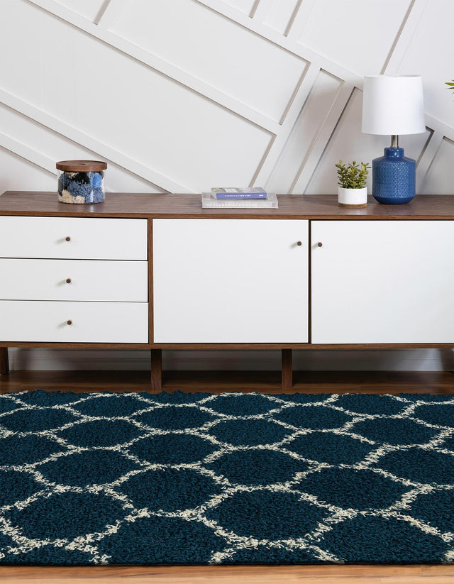 Navy Blue 4' x 6' Trellis Shag Oval Area Rug Thick Soft Touch Fluffy & Plush Shaggy Pile Geometric Modern Unique Carpet for Home Interior Design for Sale at Rug Engine
