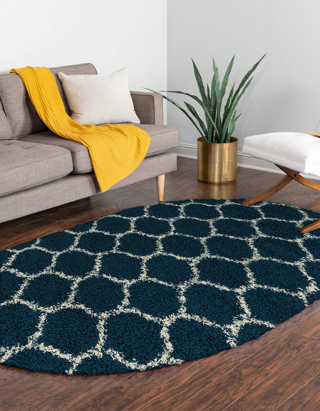 Navy Blue 4' x 6' Trellis Shag Oval Area Rug Thick Soft Touch Fluffy & Plush Shaggy Pile Geometric Modern Unique Carpet for Home Interior Design for Sale at Rug Engine
