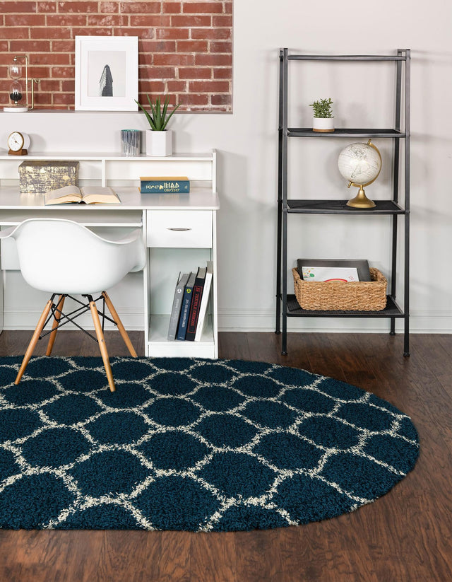 Navy Blue 7' 10 x 10' Trellis Shag Oval Area Rug Thick Soft Touch Fluffy & Plush Shaggy Pile Geometric Modern Unique Carpet for Home Interior Design for Sale at Rug Engine