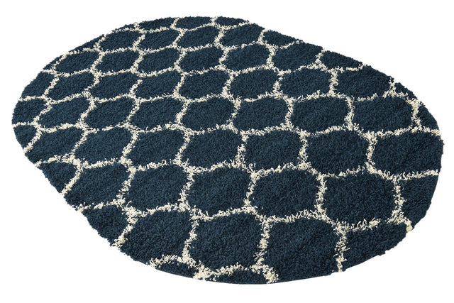 Navy Blue 5' 3 x 8' Trellis Shag Oval Area Rug Thick Soft Touch Fluffy & Plush Shaggy Pile Geometric Modern Unique Carpet for Home Interior Design for Sale at Rug Engine