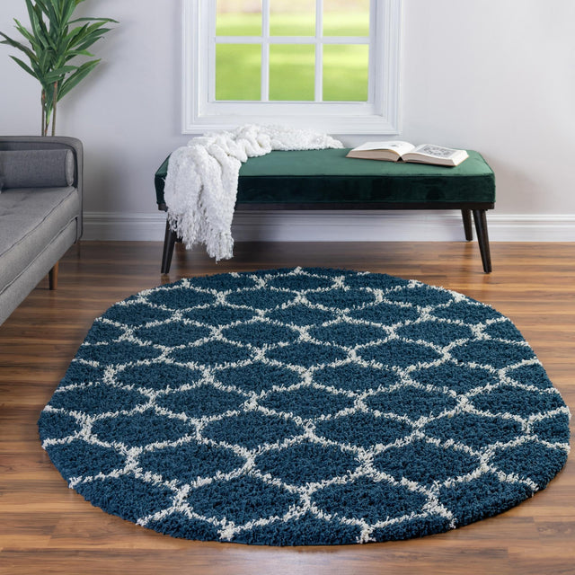 Navy Blue 5' 3 x 8' Trellis Shag Oval Area Rug Thick Soft Touch Fluffy & Plush Shaggy Pile Geometric Modern Unique Carpet for Home Interior Design for Sale at Rug Engine