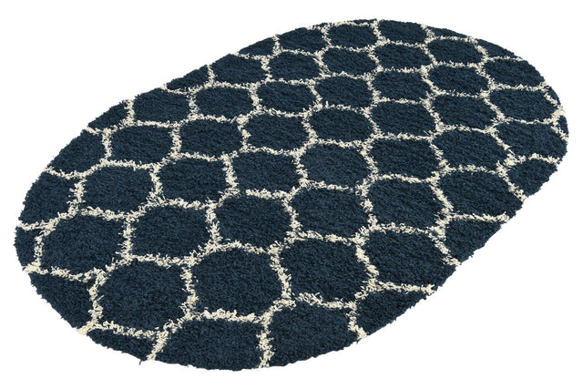 Navy Blue 5' 3 x 8' Trellis Shag Oval Area Rug Thick Soft Touch Fluffy & Plush Shaggy Pile Geometric Modern Unique Carpet for Home Interior Design for Sale at Rug Engine