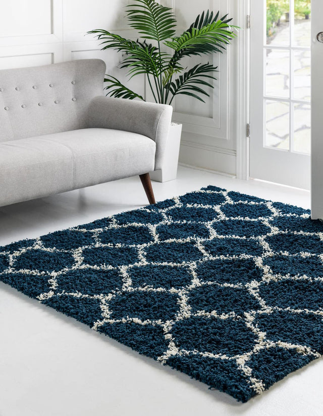 Navy Blue 6' x 6' Trellis Shag Square Area Rug Thick Soft Touch Fluffy & Plush Shaggy Pile Geometric Modern Unique Carpet for Home Interior Design for Sale at Rug Engine