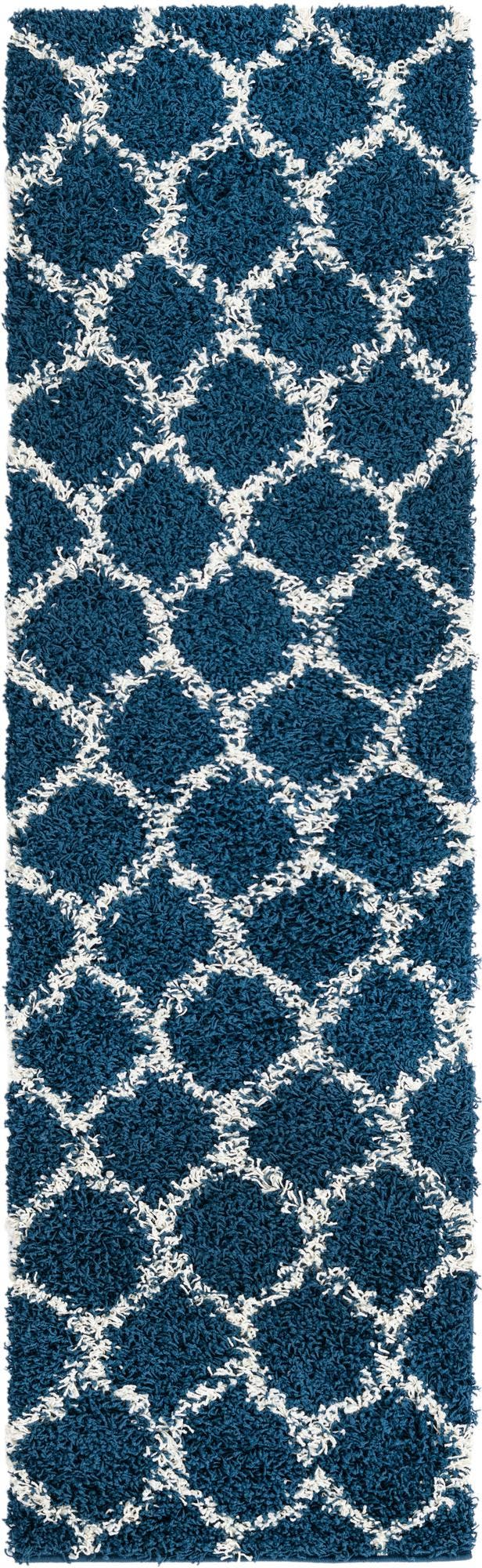 Navy Blue 2' x 7' Trellis Shag Runner Area Rug Thick Soft Touch Fluffy & Plush Shaggy Pile Geometric Modern Unique Carpet for Home Interior Design for Sale at Rug Engine