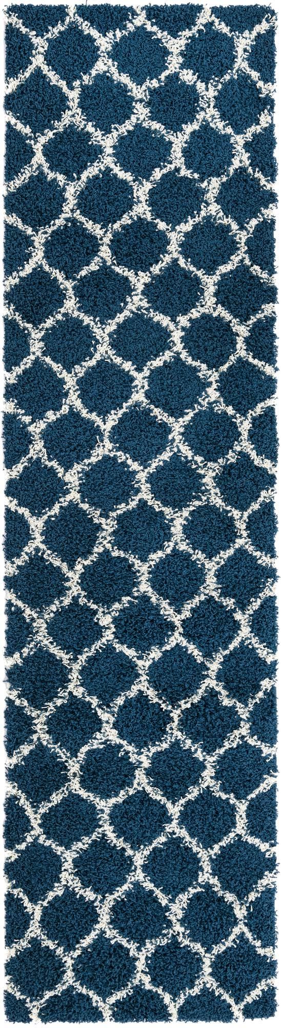 Navy Blue 2' 7 x 10' Trellis Shag Runner Area Rug Thick Soft Touch Fluffy & Plush Shaggy Pile Geometric Modern Unique Carpet for Home Interior Design for Sale at Rug Engine