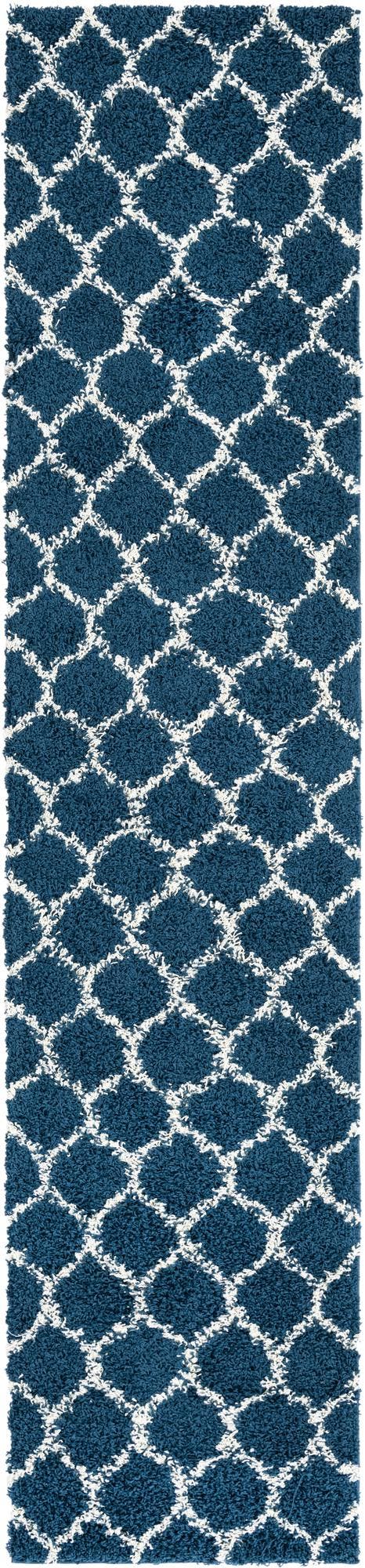Navy Blue 2' 7 x 12' Trellis Shag Runner Area Rug Thick Soft Touch Fluffy & Plush Shaggy Pile Geometric Modern Unique Carpet for Home Interior Design for Sale at Rug Engine