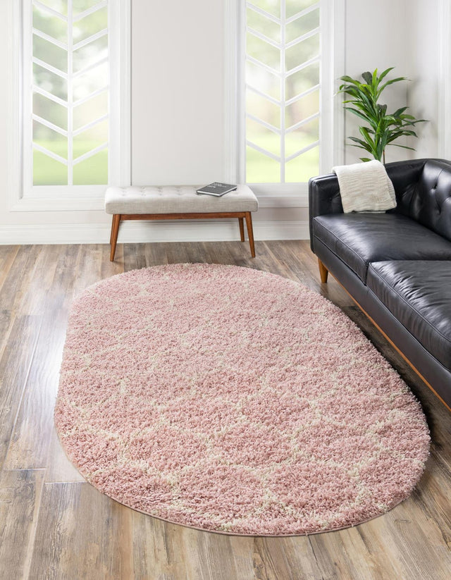 Light Pink 7' 10 x 10' Trellis Shag Oval Area Rug Thick Soft Touch Fluffy & Plush Shaggy Pile Geometric Modern Unique Carpet for Home Interior Design for Sale at Rug Engine