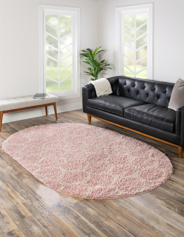 Light Pink 4' x 6' Trellis Shag Oval Area Rug Thick Soft Touch Fluffy & Plush Shaggy Pile Geometric Modern Unique Carpet for Home Interior Design for Sale at Rug Engine