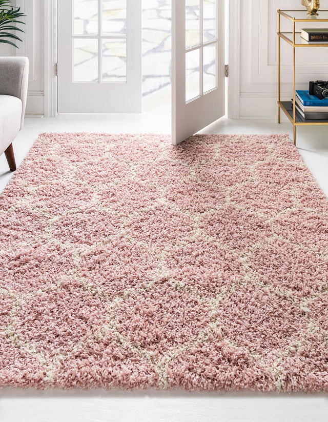 Light Pink 10' x 10' Trellis Shag Square Area Rug Thick Soft Touch Fluffy & Plush Shaggy Pile Geometric Modern Unique Carpet for Home Interior Design for Sale at Rug Engine