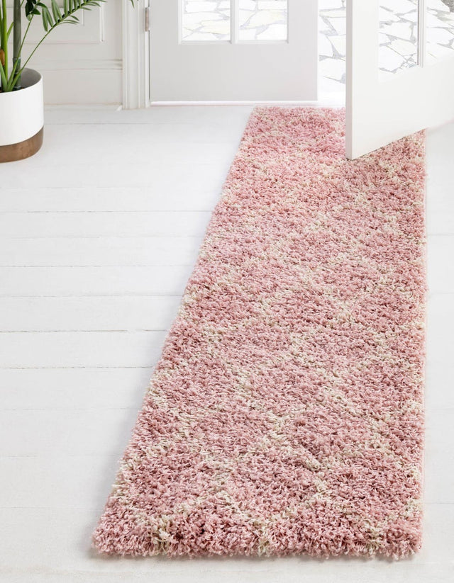 Light Pink 2' x 7' Trellis Shag Runner Area Rug Thick Soft Touch Fluffy & Plush Shaggy Pile Geometric Modern Unique Carpet for Home Interior Design for Sale at Rug Engine