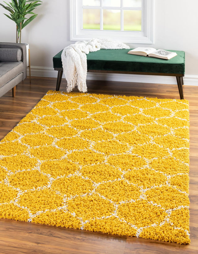 Yellow 6' x 9' Trellis Shag Rectangle Area Rug Thick Soft Touch Fluffy & Plush Shaggy Pile Geometric Modern Unique Carpet for Home Interior Design for Sale at Rug Engine