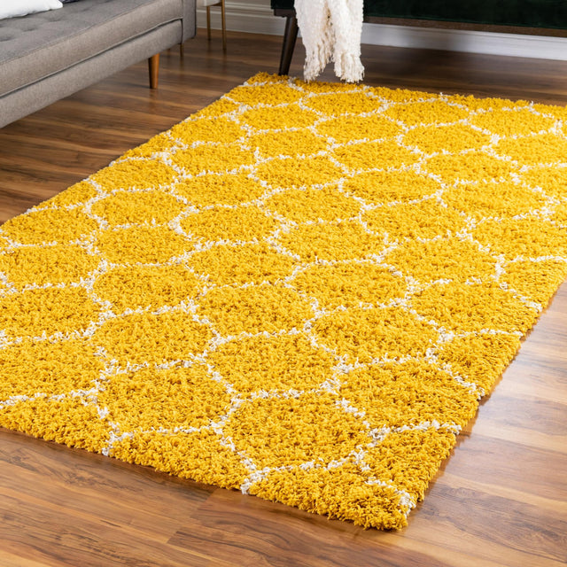 Yellow 9' x 12' Trellis Shag Rectangle Area Rug Thick Soft Touch Fluffy & Plush Shaggy Pile Geometric Modern Unique Carpet for Home Interior Design for Sale at Rug Engine