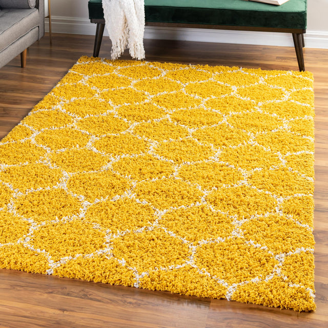 Yellow 9' x 12' Trellis Shag Rectangle Area Rug Thick Soft Touch Fluffy & Plush Shaggy Pile Geometric Modern Unique Carpet for Home Interior Design for Sale at Rug Engine