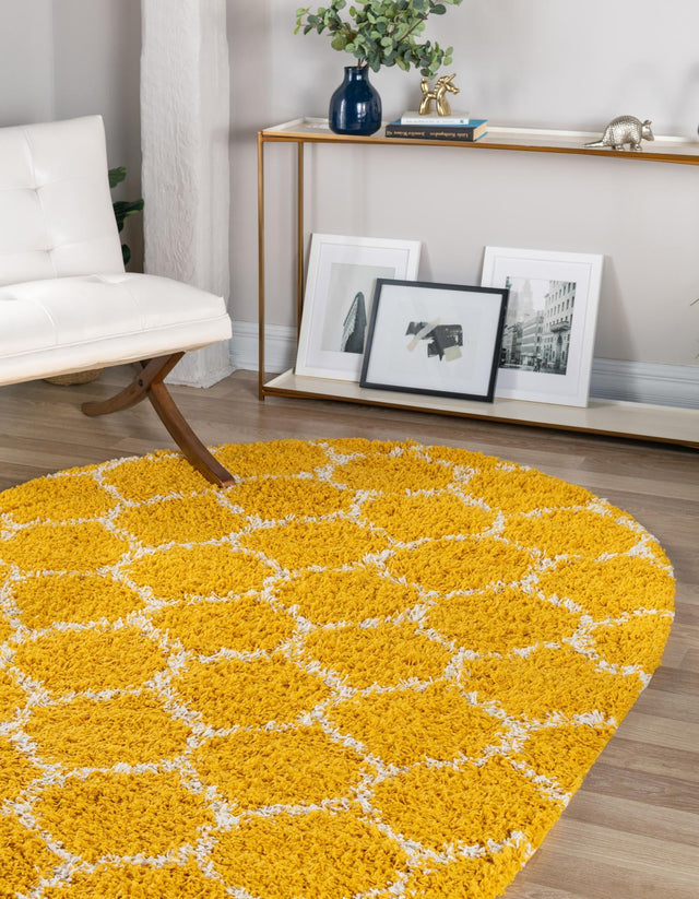 Yellow 7' 10 x 10' Trellis Shag Oval Area Rug Thick Soft Touch Fluffy & Plush Shaggy Pile Geometric Modern Unique Carpet for Home Interior Design for Sale at Rug Engine