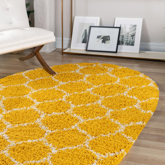 Yellow 5' 3 x 8' Trellis Shag Oval Area Rug Thick Soft Touch Fluffy & Plush Shaggy Pile Geometric Modern Unique Carpet for Home Interior Design for Sale at Rug Engine