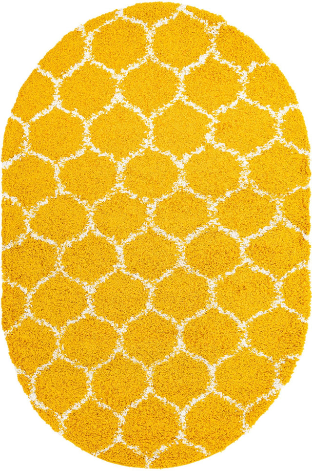 Yellow 5' 3 x 8' Trellis Shag Oval Area Rug Thick Soft Touch Fluffy & Plush Shaggy Pile Geometric Modern Unique Carpet for Home Interior Design for Sale at Rug Engine