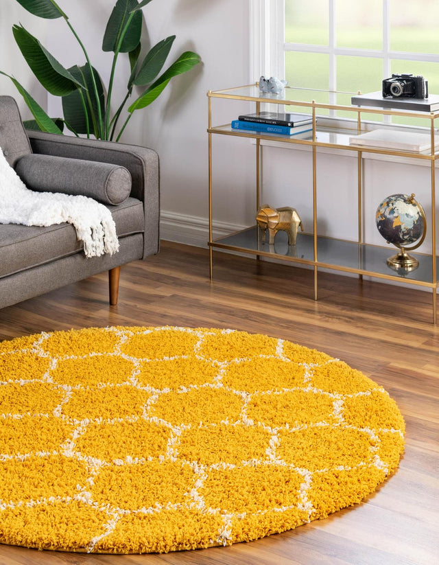 Yellow 5' 3 x 5' 3 Trellis Shag Round Area Rug Thick Soft Touch Fluffy & Plush Shaggy Pile Geometric Modern Unique Carpet for Home Interior Design for Sale at Rug Engine