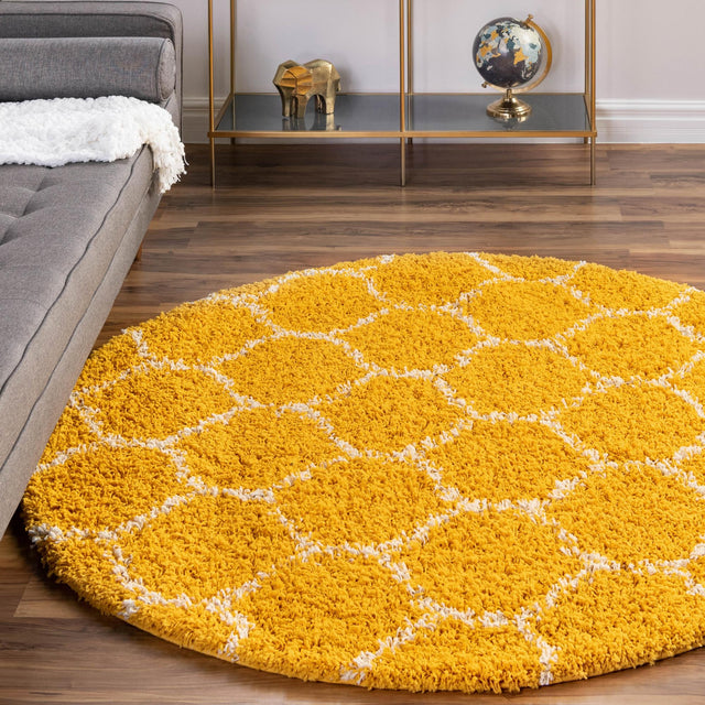 Yellow 10' x 10' Trellis Shag Round Area Rug Thick Soft Touch Fluffy & Plush Shaggy Pile Geometric Modern Unique Carpet for Home Interior Design for Sale at Rug Engine