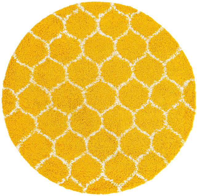 Yellow 5' 3 x 5' 3 Trellis Shag Round Area Rug Thick Soft Touch Fluffy & Plush Shaggy Pile Geometric Modern Unique Carpet for Home Interior Design for Sale at Rug Engine