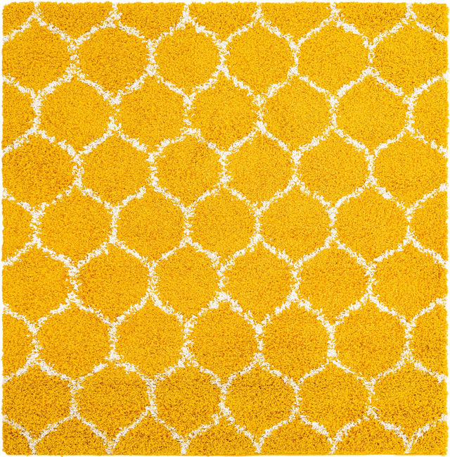 Yellow 4' x 4' Trellis Shag Square Area Rug Thick Soft Touch Fluffy & Plush Shaggy Pile Geometric Modern Unique Carpet for Home Interior Design for Sale at Rug Engine
