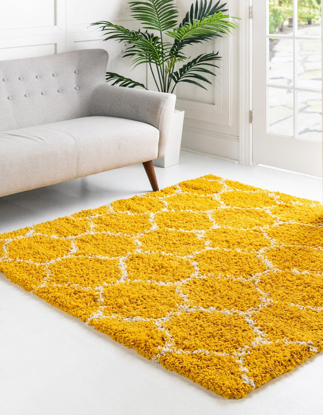 Yellow 5' 3 x 5' 3 Trellis Shag Square Area Rug Thick Soft Touch Fluffy & Plush Shaggy Pile Geometric Modern Unique Carpet for Home Interior Design for Sale at Rug Engine