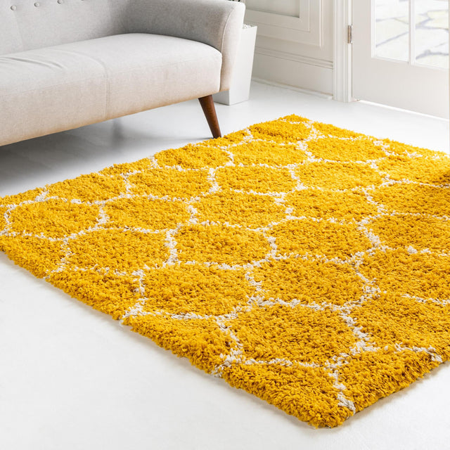 Yellow 6' x 6' Trellis Shag Square Area Rug Thick Soft Touch Fluffy & Plush Shaggy Pile Geometric Modern Unique Carpet for Home Interior Design for Sale at Rug Engine