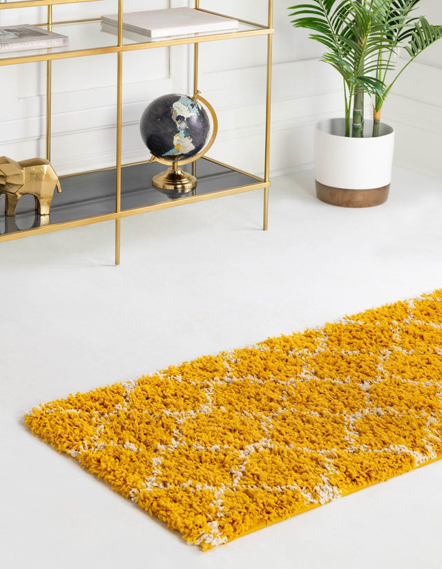 Yellow 2' x 5' Trellis Shag Runner Area Rug Thick Soft Touch Fluffy & Plush Shaggy Pile Geometric Modern Unique Carpet for Home Interior Design for Sale at Rug Engine