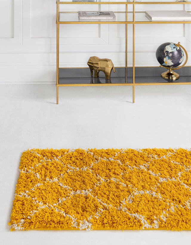 Yellow 2' 7 x 12' Trellis Shag Runner Area Rug Thick Soft Touch Fluffy & Plush Shaggy Pile Geometric Modern Unique Carpet for Home Interior Design for Sale at Rug Engine