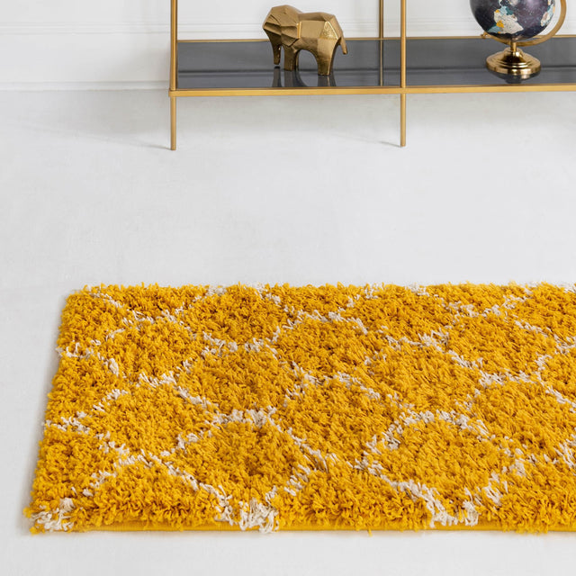 Yellow 2' 7 x 12' Trellis Shag Runner Area Rug Thick Soft Touch Fluffy & Plush Shaggy Pile Geometric Modern Unique Carpet for Home Interior Design for Sale at Rug Engine